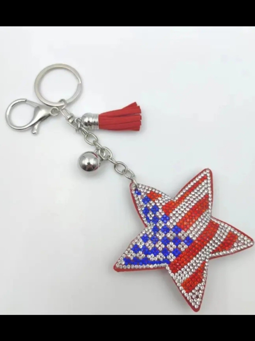 Rhinestone Patriotic Star Keychain Bag Charm with Red Tassel NWT